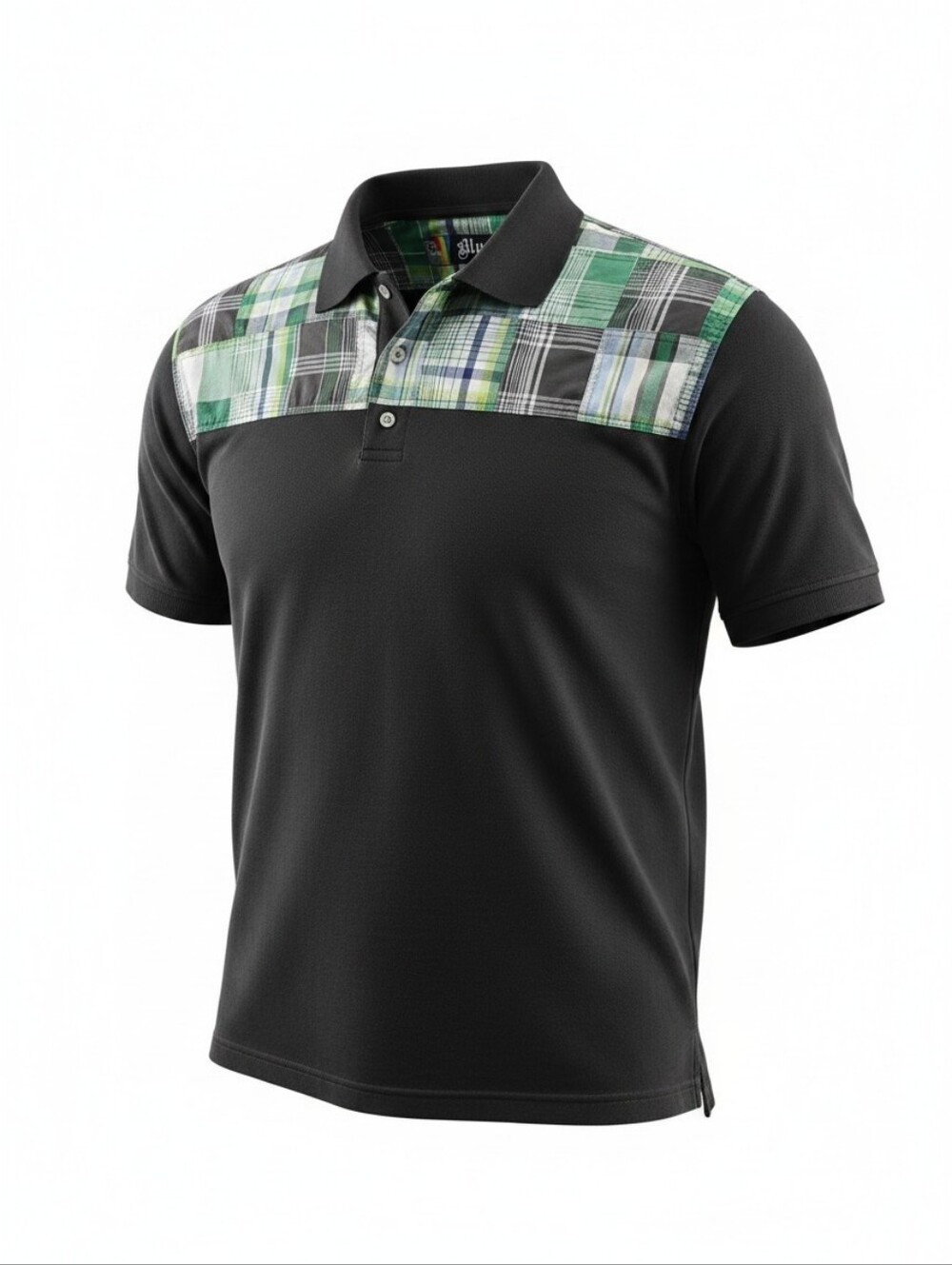 Bluez Mens XL Black Polo Shirt Green Plaid Yoke Vintage Y2K Streetwear Hip Hop